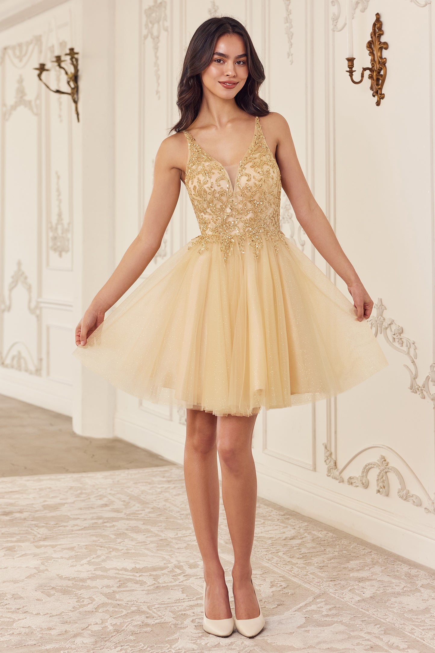 LaDivine CY022 - Beaded A-Line Layered Tulle Short Dress