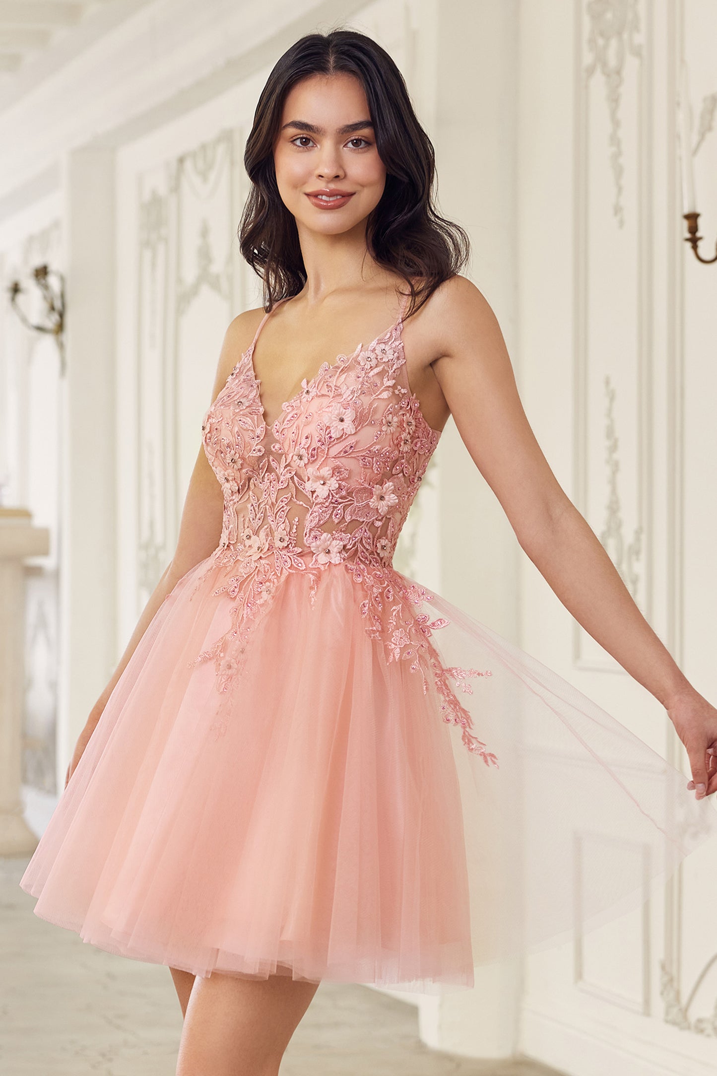 LaDivine SF047 - Lace Bodice A-Line Layered Tulle Short Dress